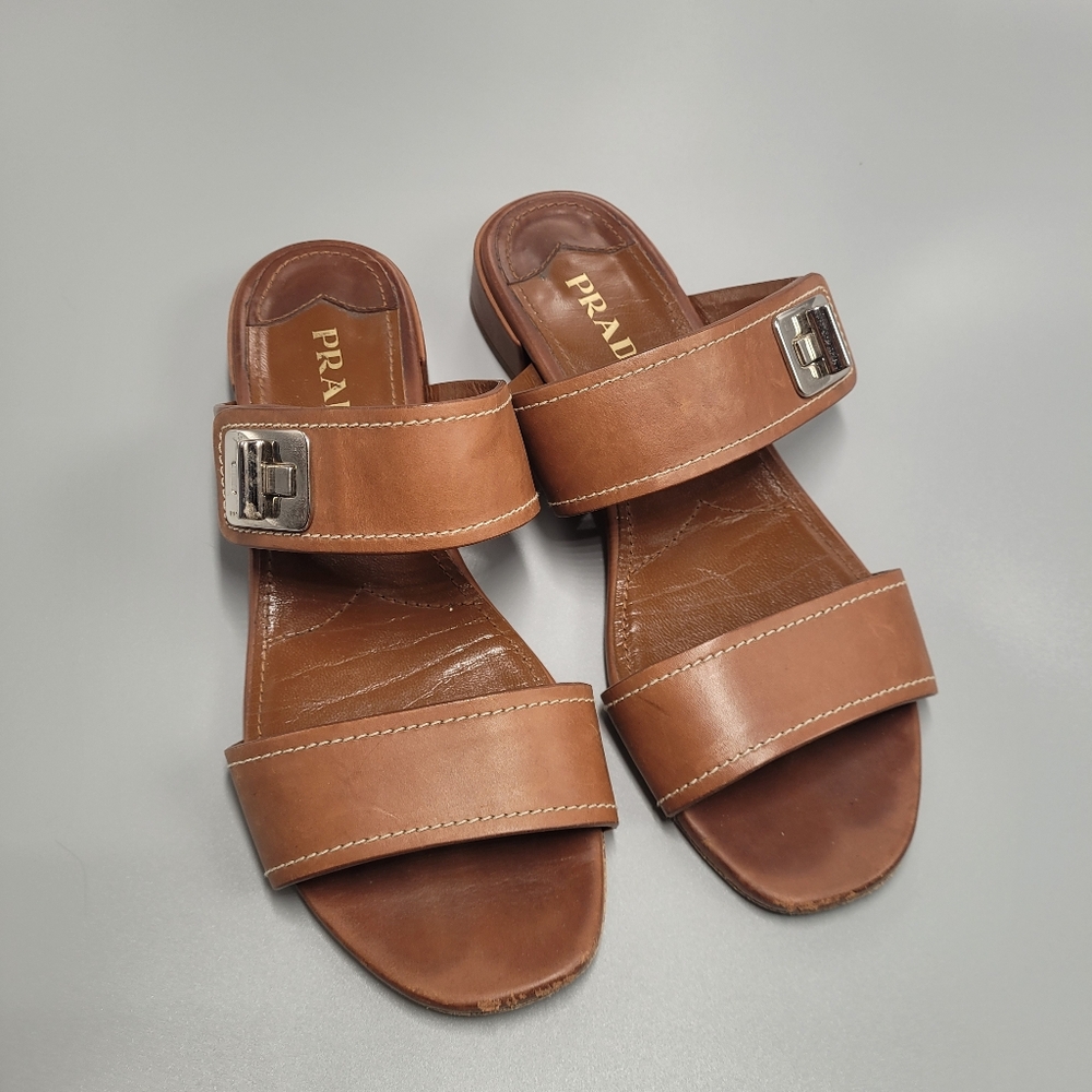 Prada Turn Lock Brandi Brown Leather Sandals 36 1/2 Slide On 6.5 Chic Italian